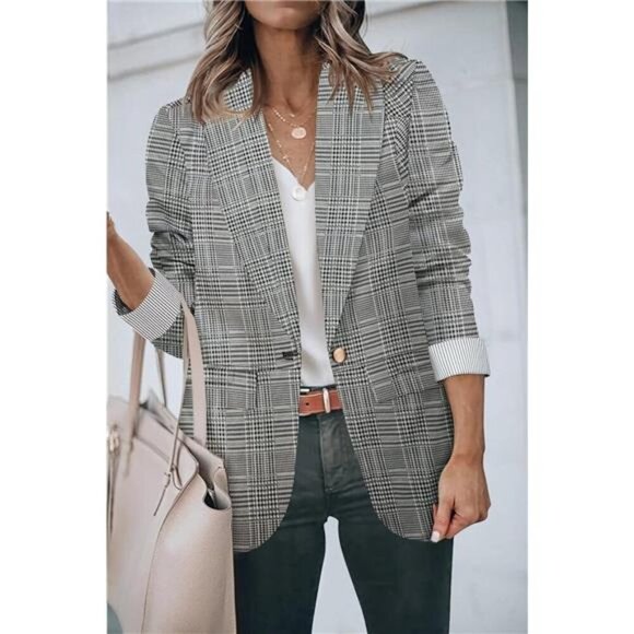 Womens Blazer Jackets with Pockets Plaid - Picture 3 of 5